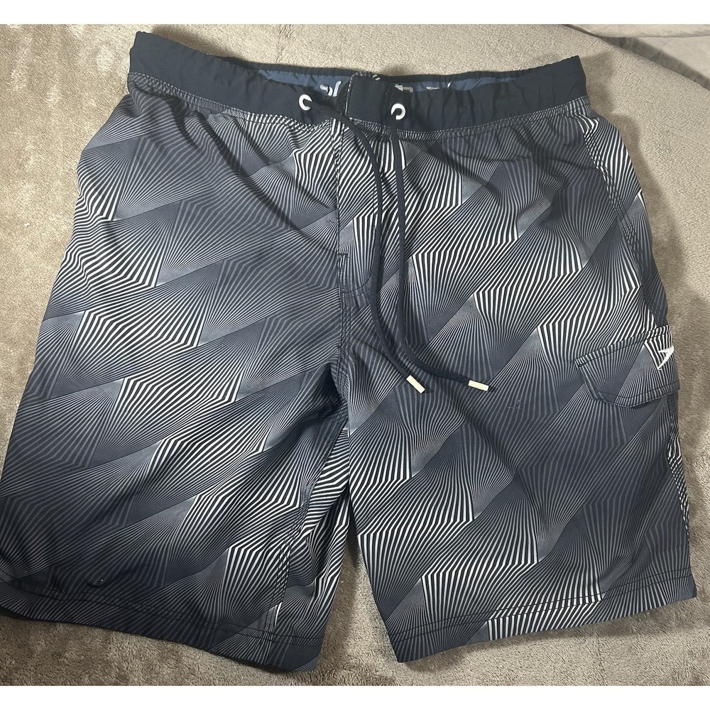 Speedo Board Shorts Mens 34 Black Gray Geometric Swim Trunks Drawstring Pocket